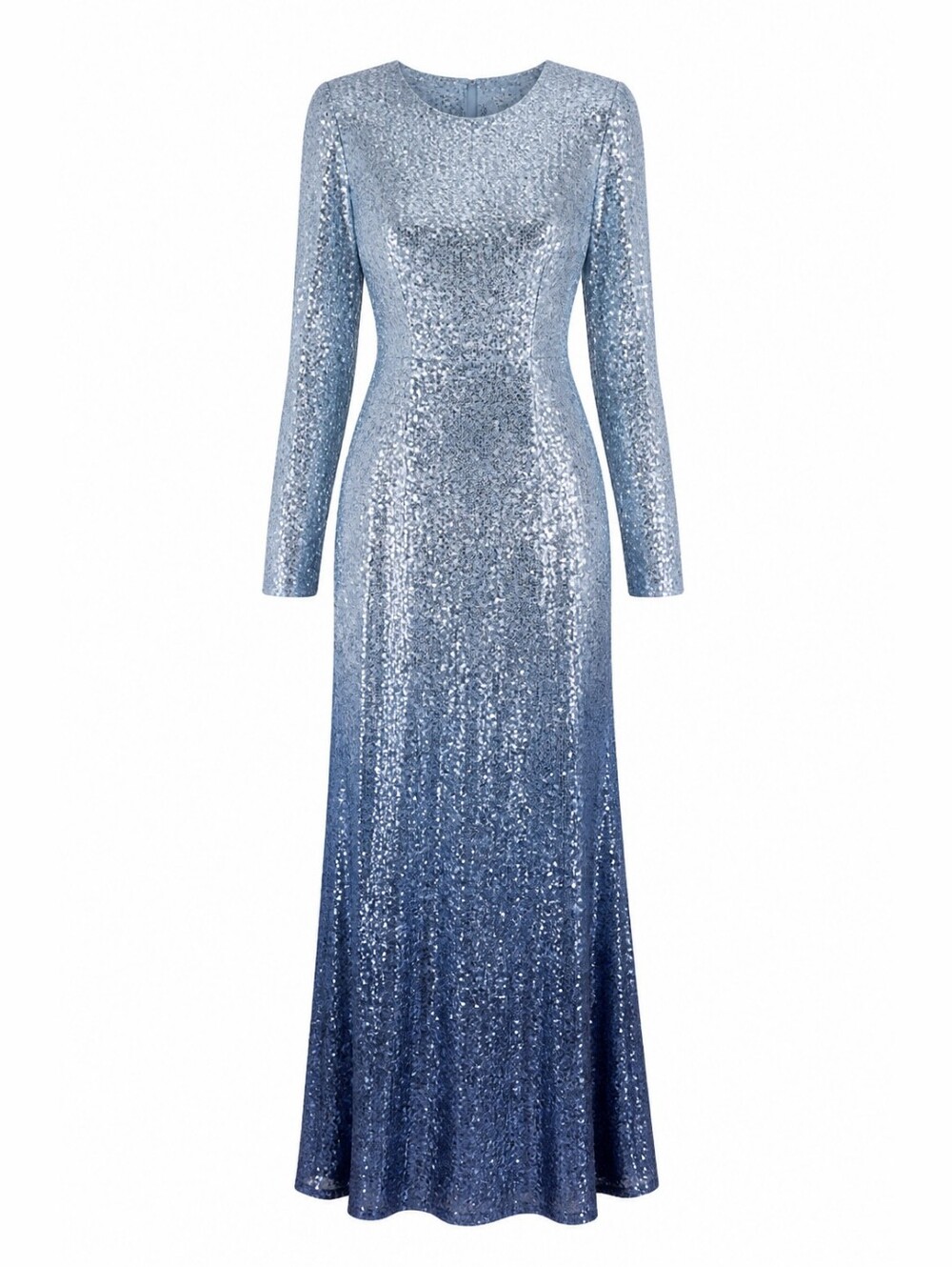 Eliza J Silver Blue Sequin Ombre Long-Sleeve Maxi Gown Size 12 Stretch Elegant